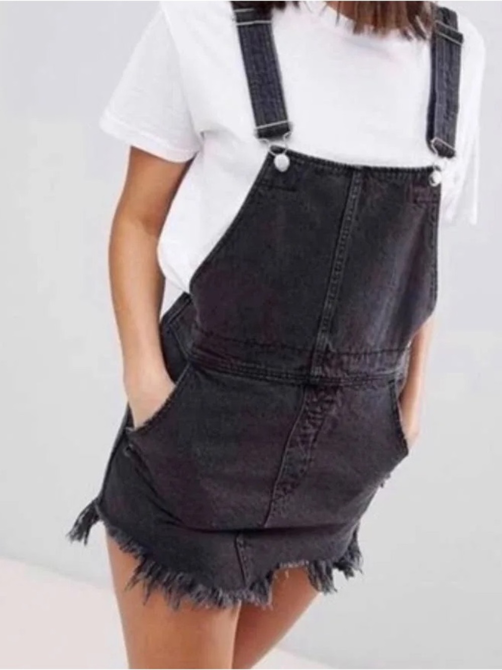 Free People Black Frayed Denim Overall Dress